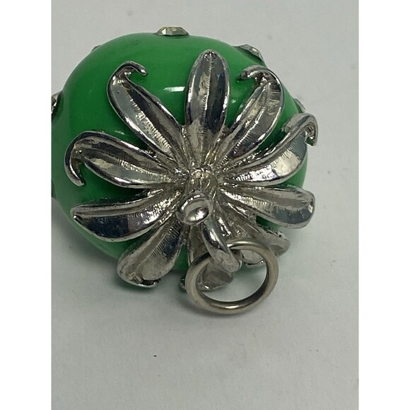 Strawberry Green Charm Rhinestones Silver Tone Metal Setting Vintage Heavy Hang - Picture 4 of 5